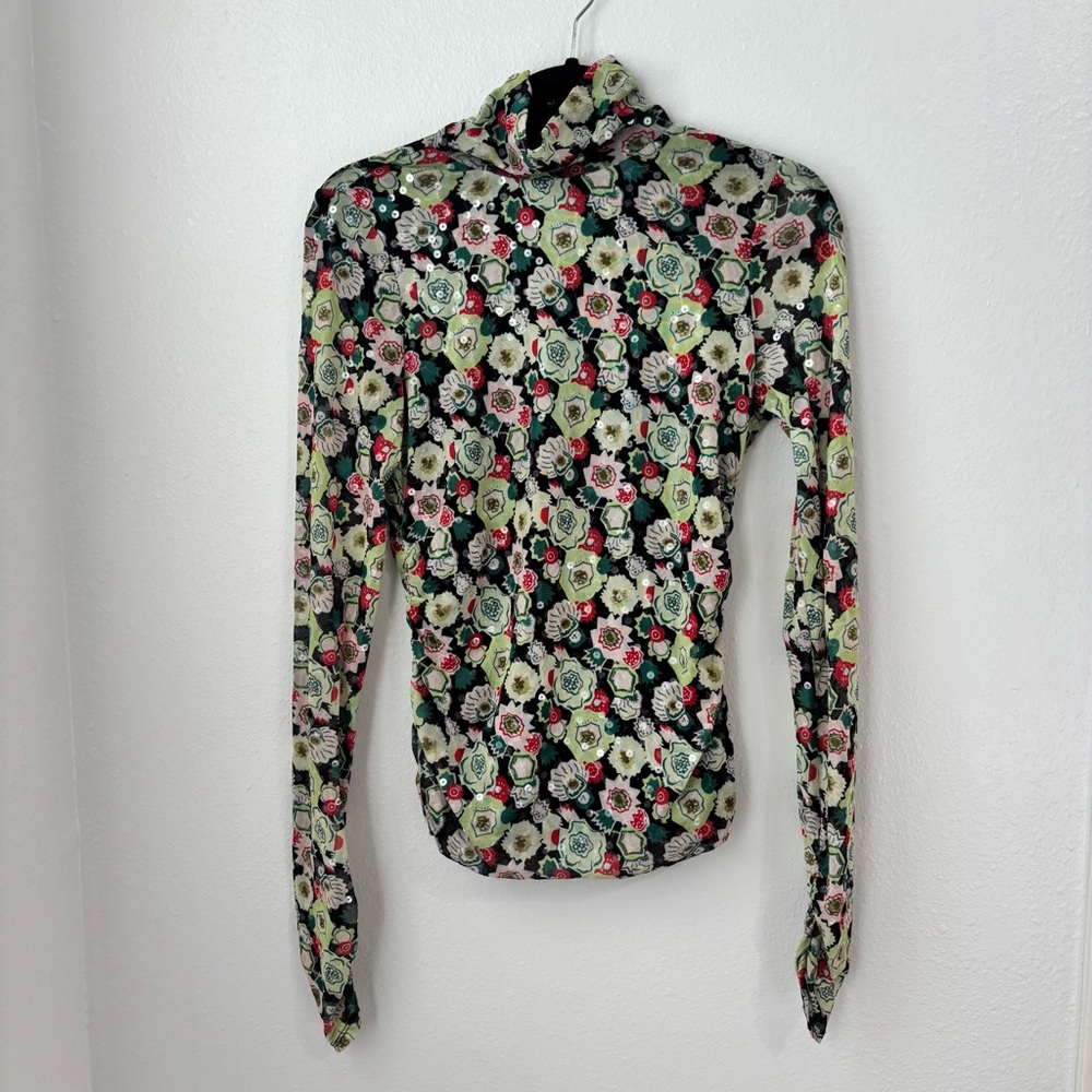 Cinq a Sept Sequin Embellished Shirred Mesh Turtleneck Top Long Sleeve floral - Picture 2 of 9